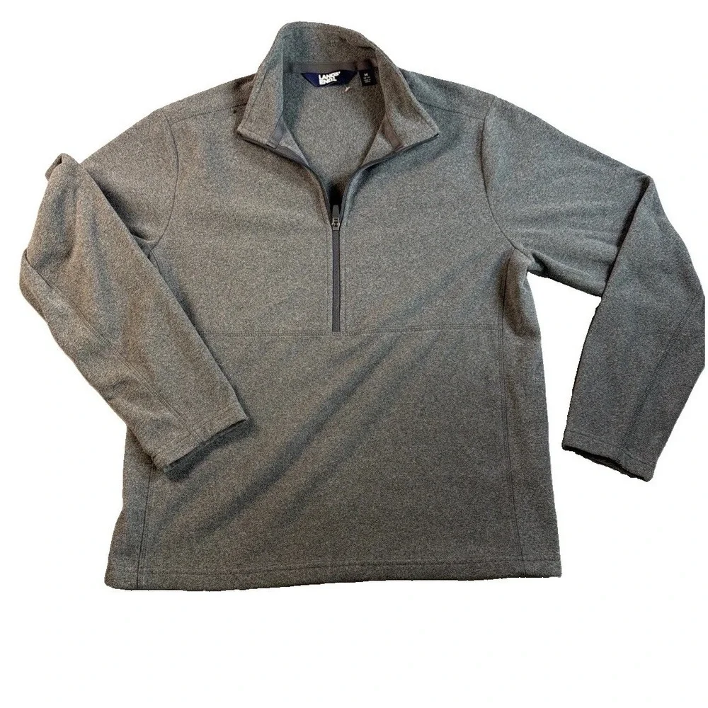 Mens,Pullover,Lands' End,M,Gray,Heathered Fleece 1/4 Zip Mock Neck Sweater